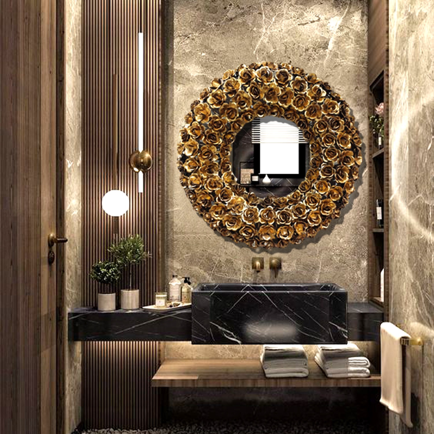 Dark Golden Rose Flower Design Modern Art Mirror