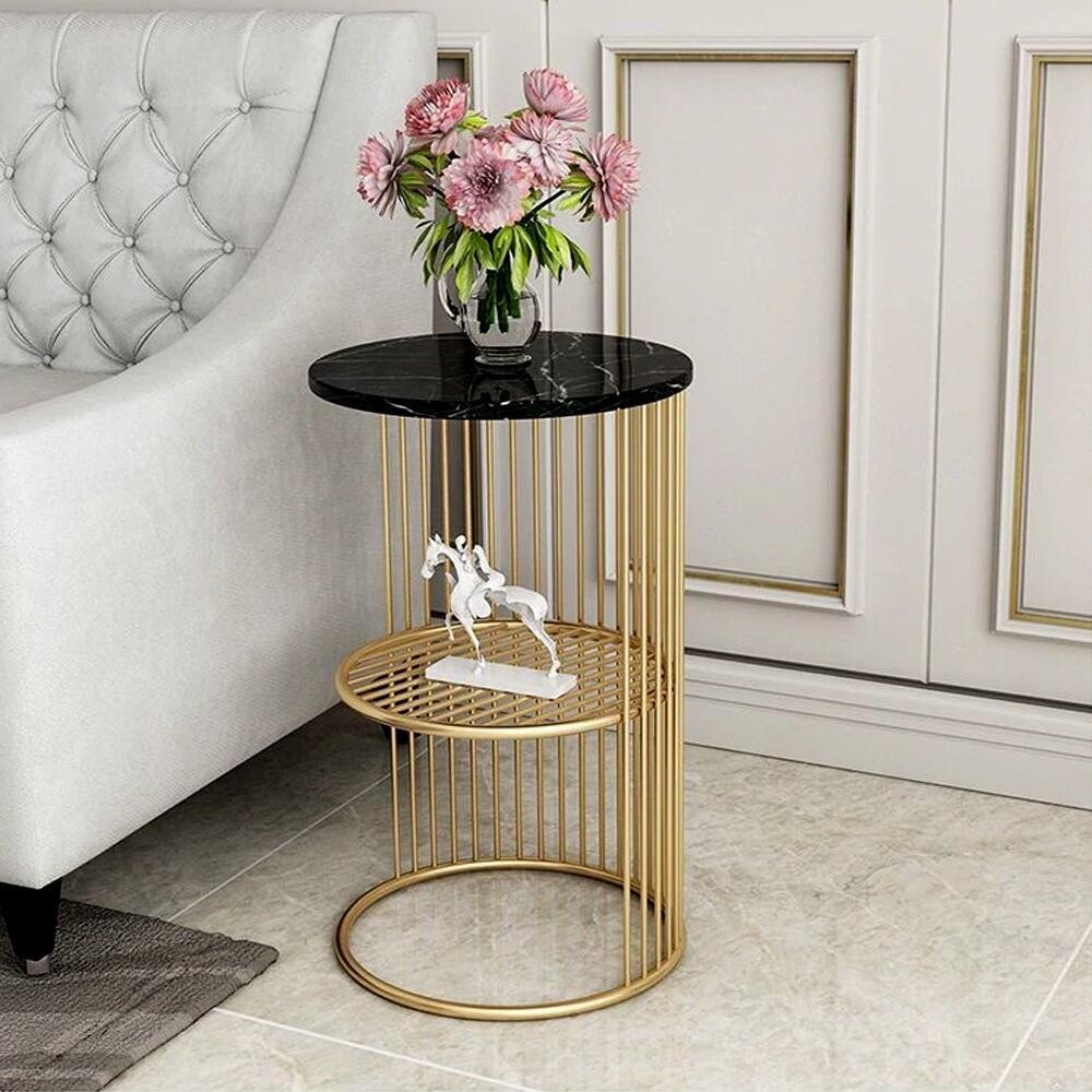 Round Shaped End Table With Metal With Wood Top