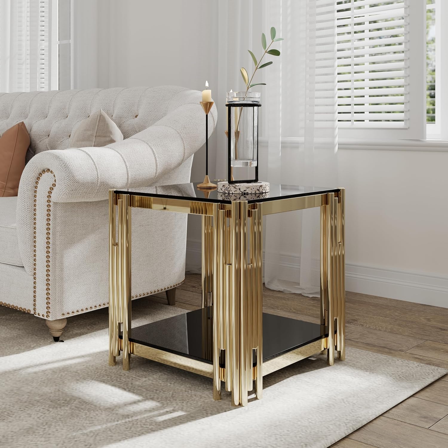 Square End Table with Black Glass Top